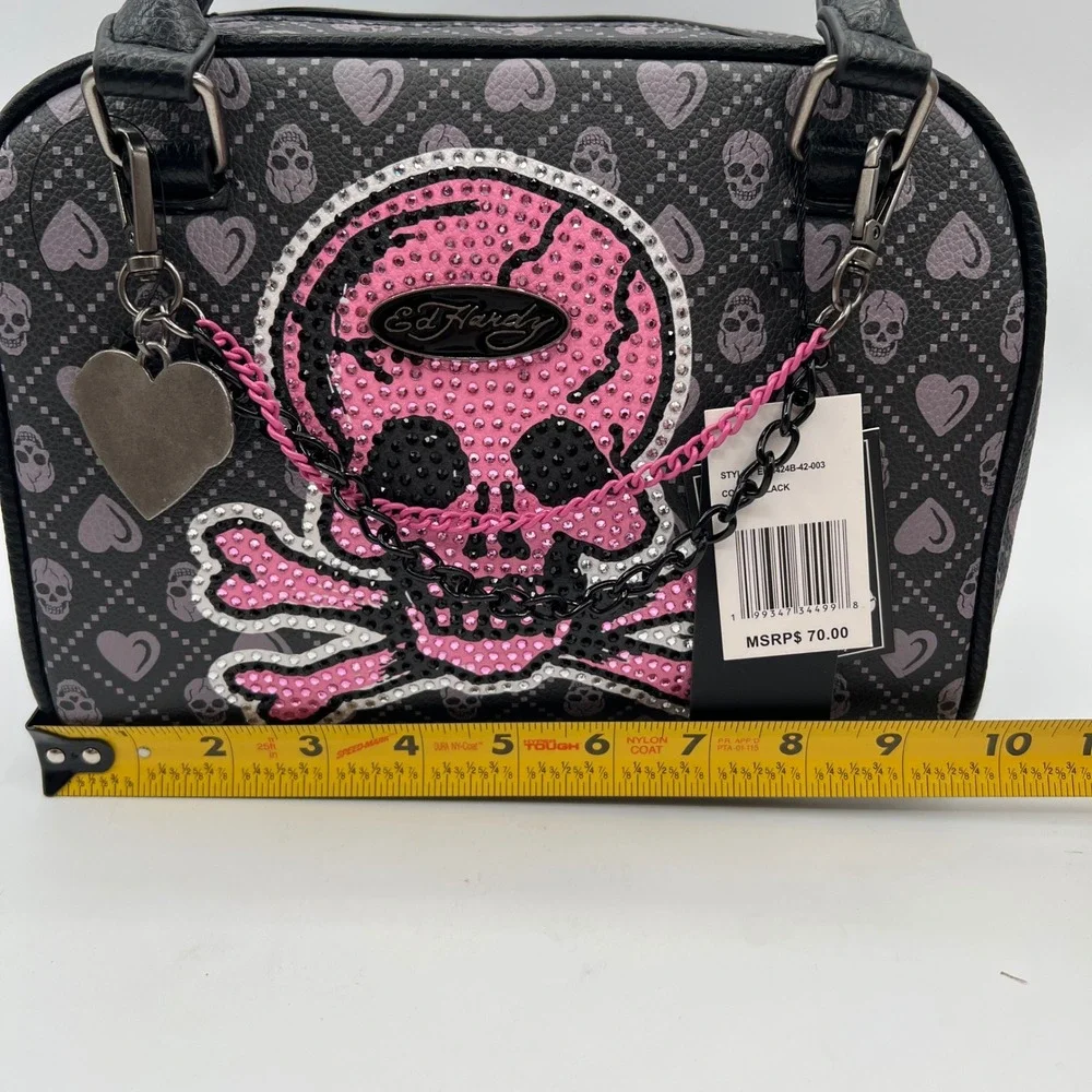 Ed Hardy Rhinestone Skull Satchel Bag Black Pink Y2K  NWT
